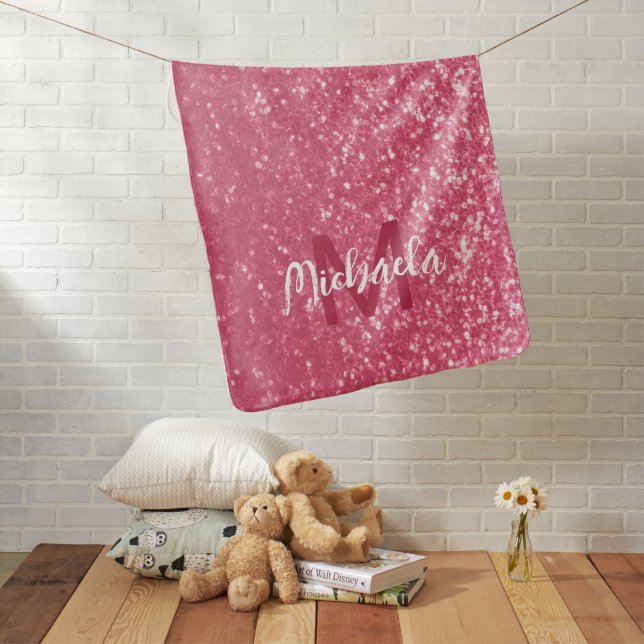 Light pink rose faux sparkles glitter Monogram Baby Blanket (In Situ)