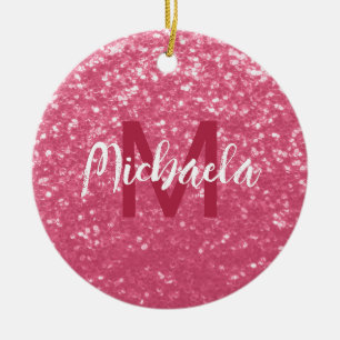Light pink rose faux sparkles glitter Monogram Ceramic Ornament
