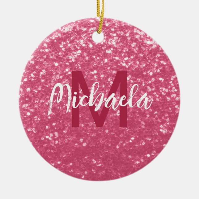Light pink rose faux sparkles glitter Monogram Ceramic Ornament (Front)