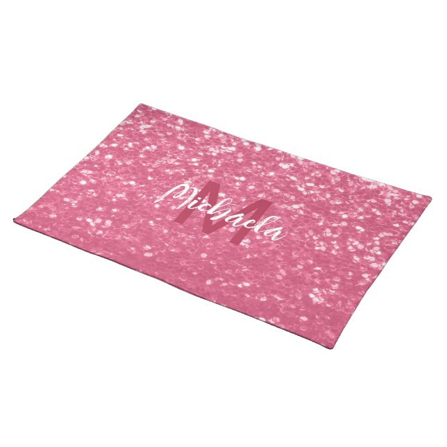 Light pink rose faux sparkles glitter Monogram Cloth Placemat (On Table)