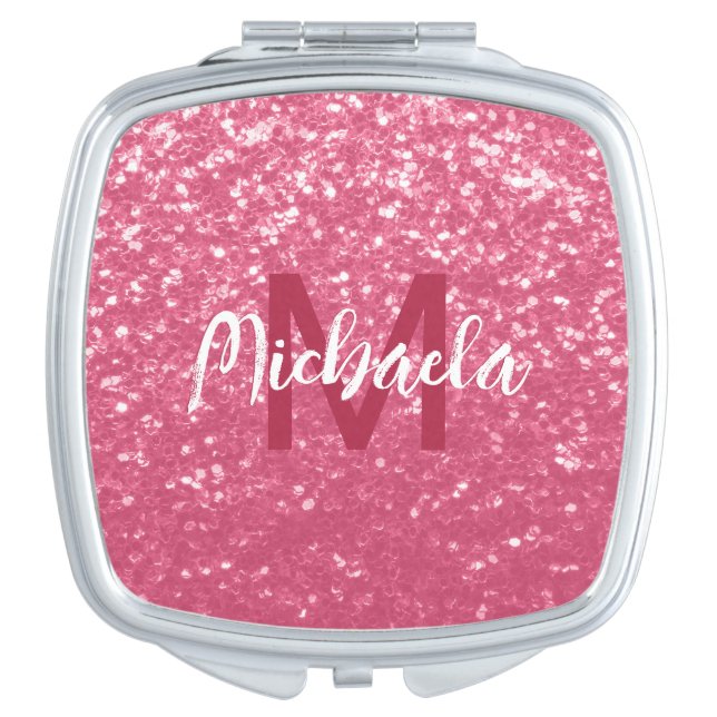 Light pink rose faux sparkles glitter Monogram Compact Mirror (Front)
