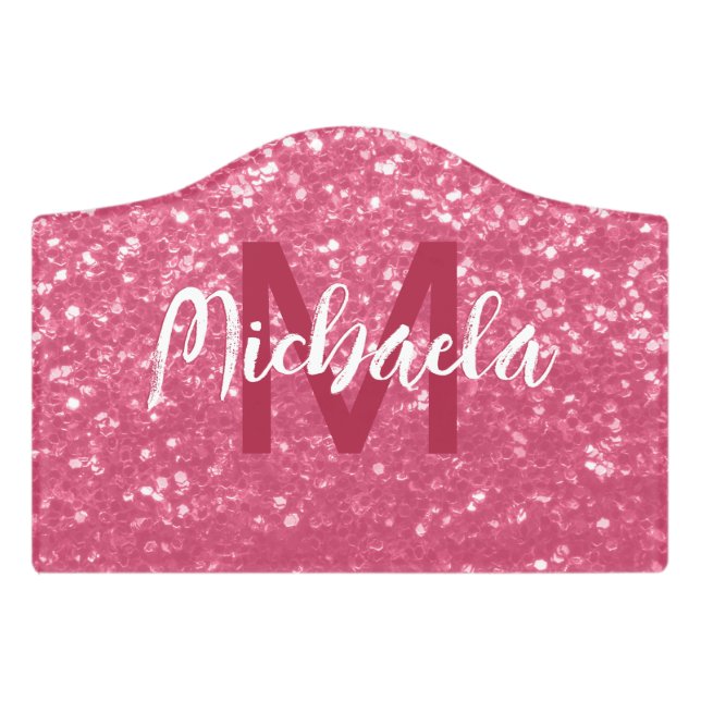 Light pink rose faux sparkles glitter Monogram Door Sign (Small Crest Front)