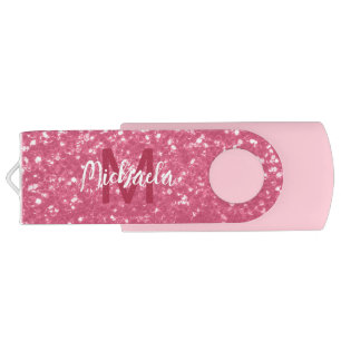Light pink rose faux sparkles glitter Monogram Flash Drive