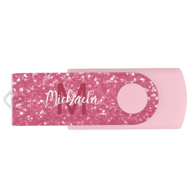 Light pink rose faux sparkles glitter Monogram Flash Drive (Back)