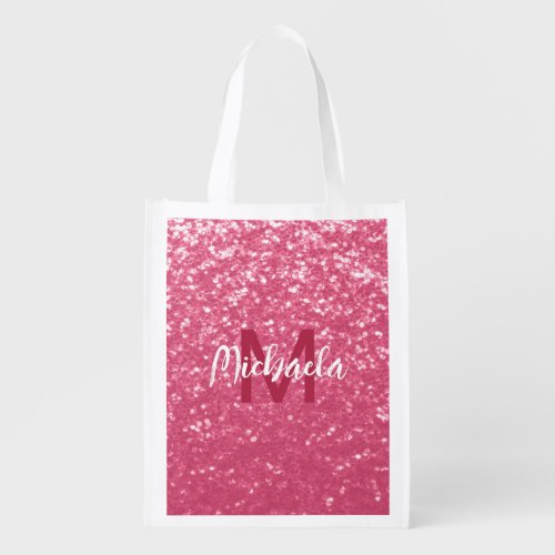 Light pink rose faux sparkles glitter Monogram Grocery Bag