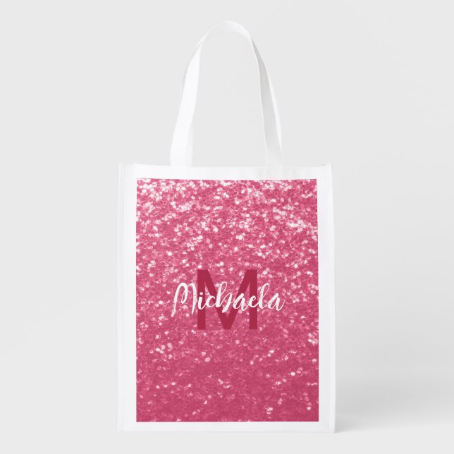 Light pink rose faux sparkles glitter Monogram Grocery Bag (Front)