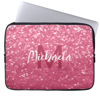 Light pink rose faux sparkles glitter Monogram Laptop Sleeve