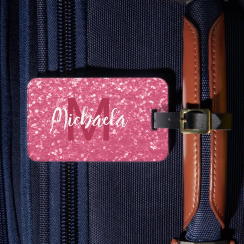 Light pink rose faux sparkles glitter Monogram Luggage Tag