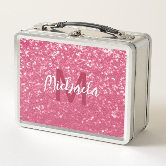 Light pink rose faux sparkles glitter Monogram Metal Lunch Box (Front)