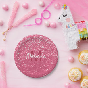 Light pink rose faux sparkles glitter Monogram Paper Plates