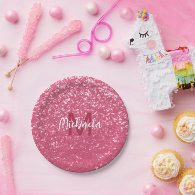 Light pink rose faux sparkles glitter Monogram Paper Plates (Party)