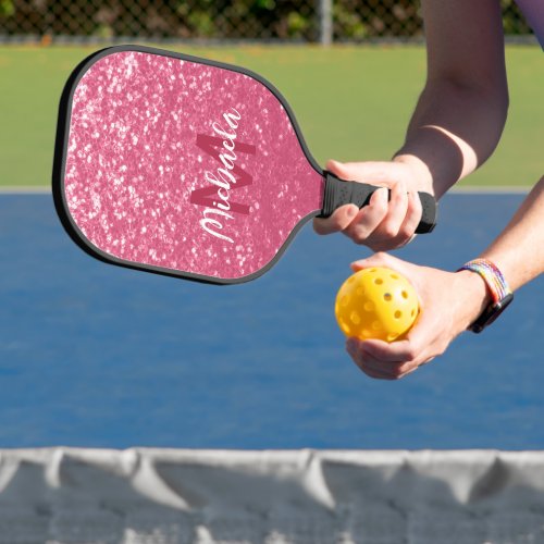 Light pink rose faux sparkles glitter Monogram Pickleball Paddle