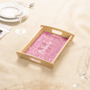 Light pink rose faux sparkles glitter Monogram Serving Tray
