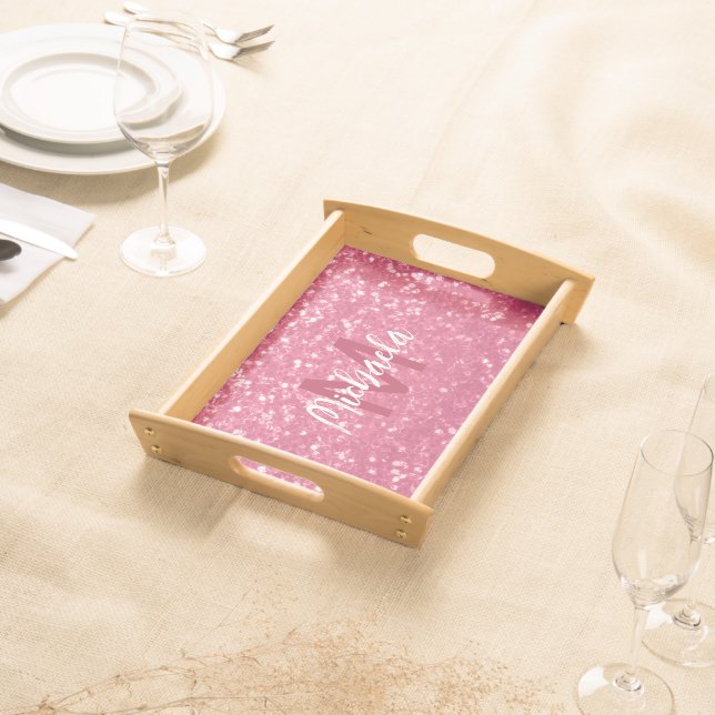 Light pink rose faux sparkles glitter Monogram Serving Tray (Front)