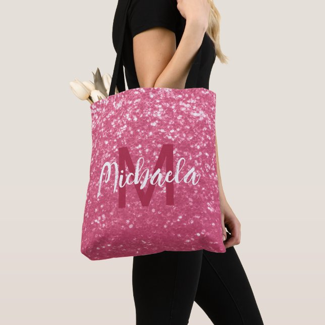 Light pink rose faux sparkles glitter Monogram Tote Bag (Close Up)
