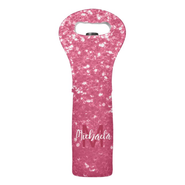 Light pink rose faux sparkles glitter Monogram Wine Bag (Front)