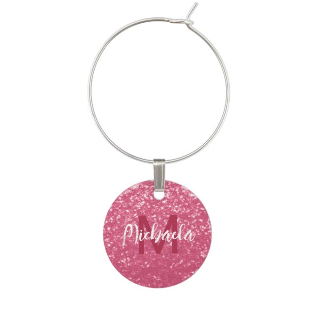 Light pink rose faux sparkles glitter Monogram Wine Charm (Front)