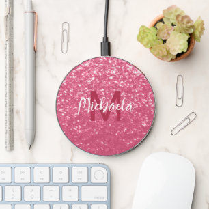 Light pink rose faux sparkles glitter Monogram Wireless Charger