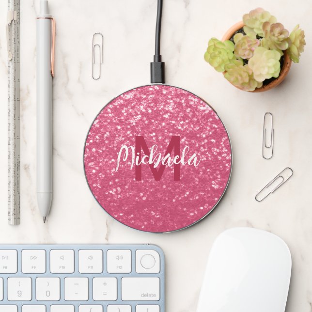 Light pink rose faux sparkles glitter Monogram Wireless Charger (Desk)
