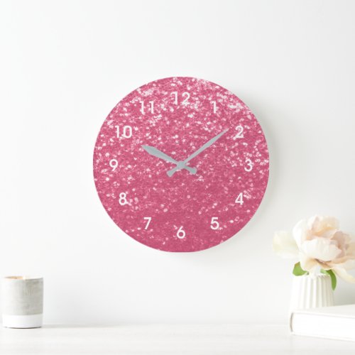 Light pink rose faux sparkles glitter with numbers large clock