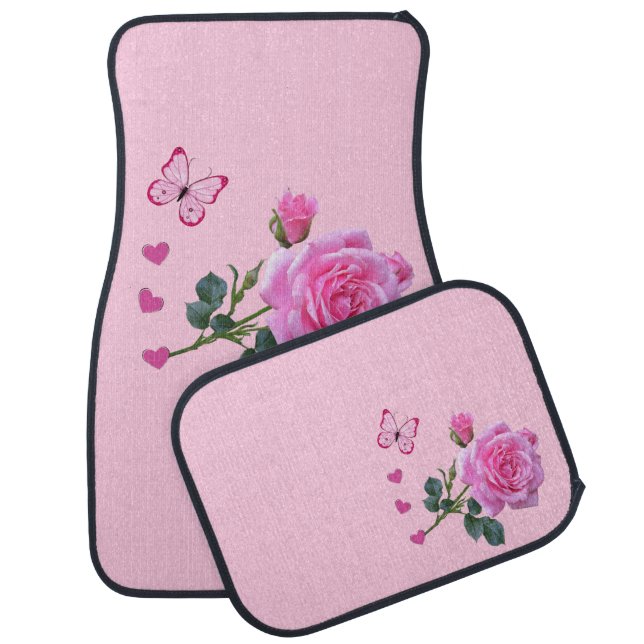 Light Pink Rose Floral Butterfly Floor Car Mats (Set)
