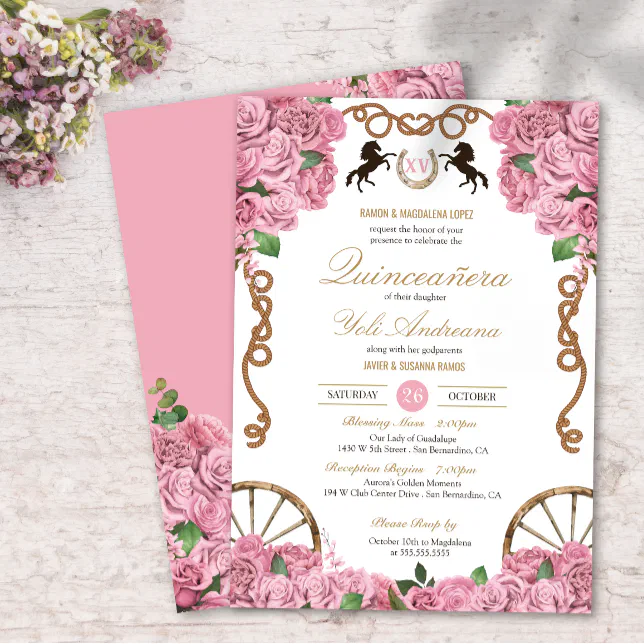 Light Pink Rose Floral Western Charra Quinceanera Invitation Zazzle