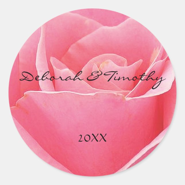 Light Pink Rose Personalized Round Wedding Sticker (Front)