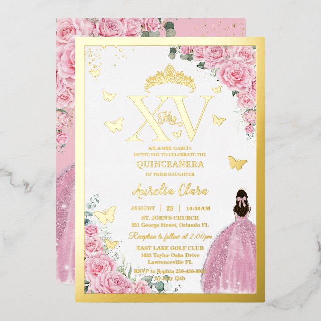 Light Pink Roses Floral Quinceanera Mis XV Gold Foil Invitation (Front/Back)