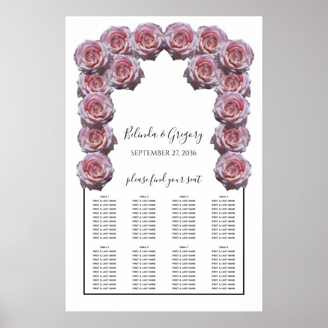 Light Pink Roses Wedding Seating Chart (Front)