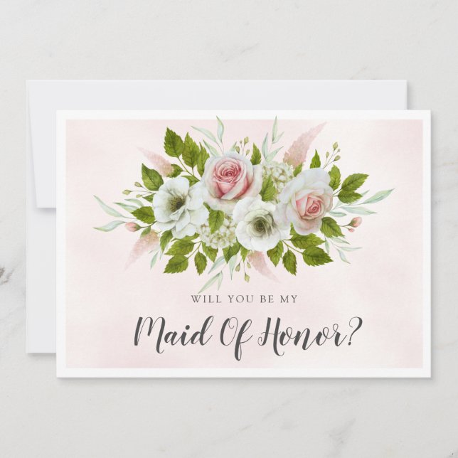 Light Pink Roses Will You Be My Maid Of Honor Card (Front)