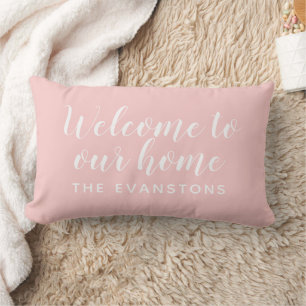 Light Pink Script Welcome to Our Home Lumbar Pillow