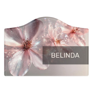 Light Pink Shiny Metallic Flower  Business Card Door Sign