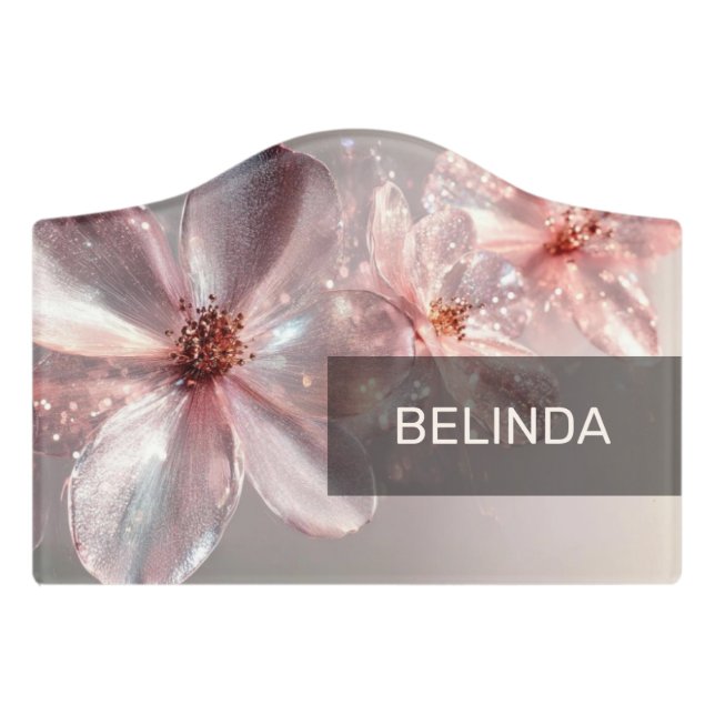 Light Pink Shiny Metallic Flower  Business Card Door Sign (Small Crest Front)