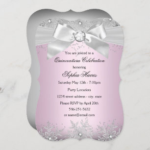 Light Pink Silver Jewel Bow Snowflake Quinceanera Invitation
