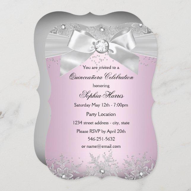 Light Pink Silver Jewel Bow Snowflake Quinceanera Invitation (Front/Back)
