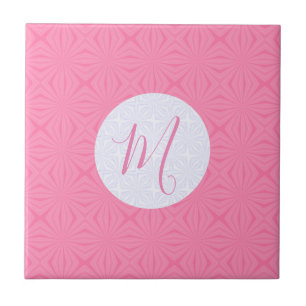 Light Pink Squiggly Squares Personalized Initial  Ceramic Tile