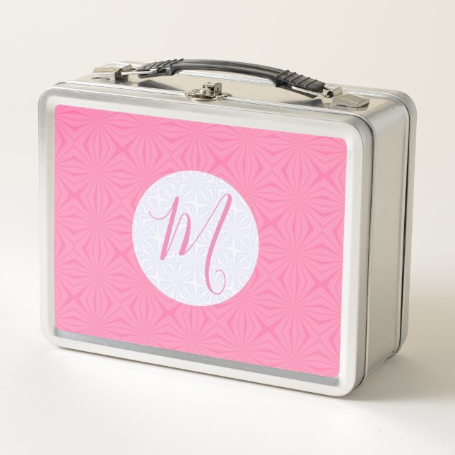 Light Pink Squiggly Squares Personalized Initial  Metal Lunch Box (Front)