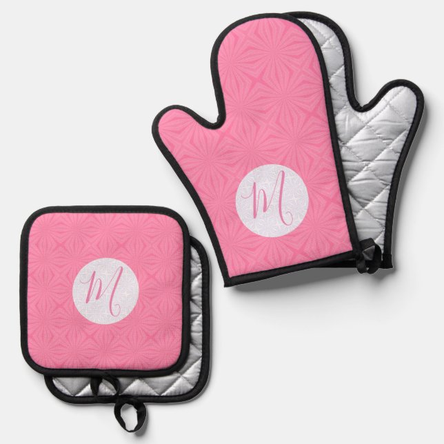 Light Pink Squiggly Squares Personalized Initial  Oven Mitt & Pot Holder Set (Front/Back)