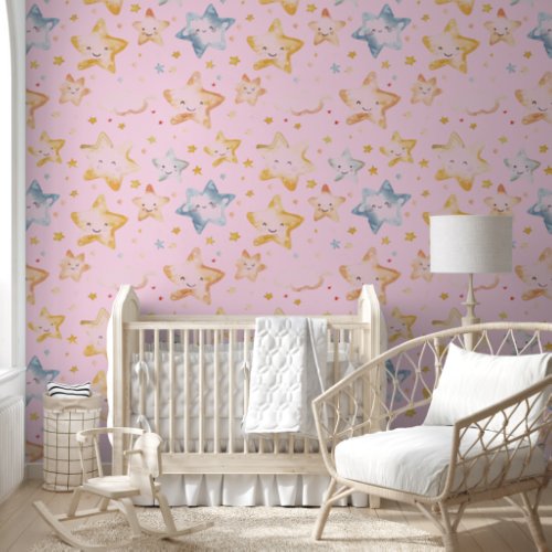 Light Pink Starry Night Pattern Wallpaper