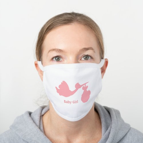 Light pink stork with baby  calligraphy white cotton face mask