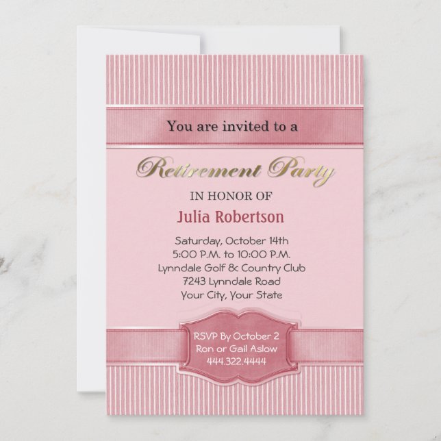 Light Pink Stripe Retirement Party Invitations (Front)