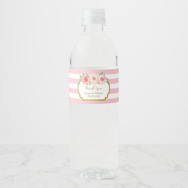 Light Pink Stripes Floral Gold Water Bottle Label (Front)