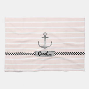 Light Pink Stripes Gray Watercolor Anchor Custom Towel