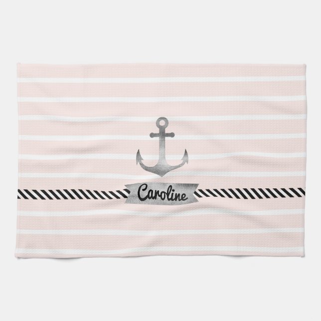 Light Pink Stripes Gray Watercolor Anchor Custom Towel (Horizontal)