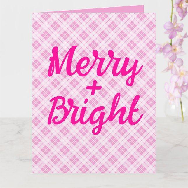 Light pink tartan Christmas holidays Merry Bright Card (Orchid)
