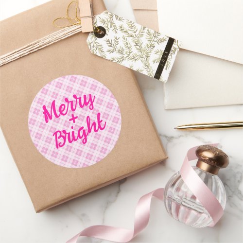 Light pink tartan Christmas holidays Merry Bright  Classic Round Sticker