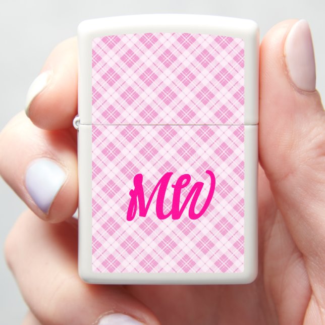 Light pink tartan Christmas holidays Monogram Zippo Lighter (In Hand)