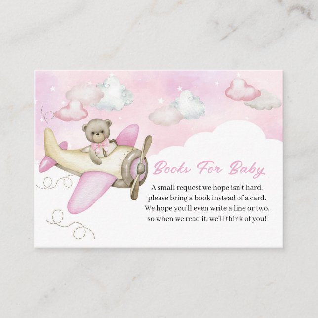 Light Pink Teddy Bear Airplane Books for Baby Enclosure Card (Front)