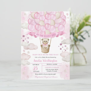 Light Pink Teddy Bear Hot Air Balloons Baby Shower Invitation