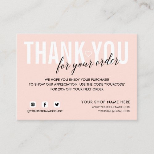 LIGHT PINK THANK YOU FOR YOUR ORDER SOCIAL ENCLOSURE CARD